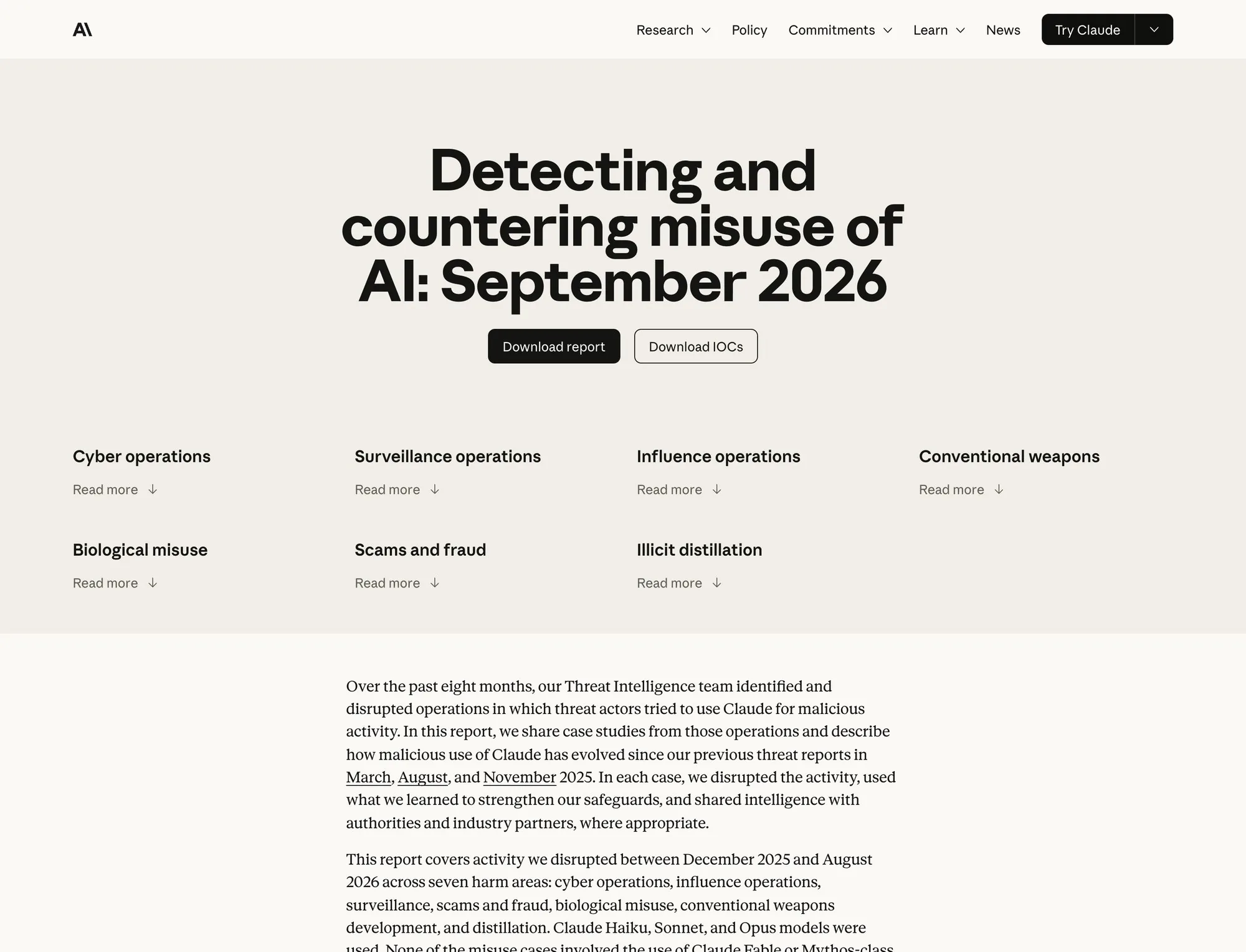Заголовок отчёта «Detecting and countering misuse of AI: September 2026» и перечень его разделов