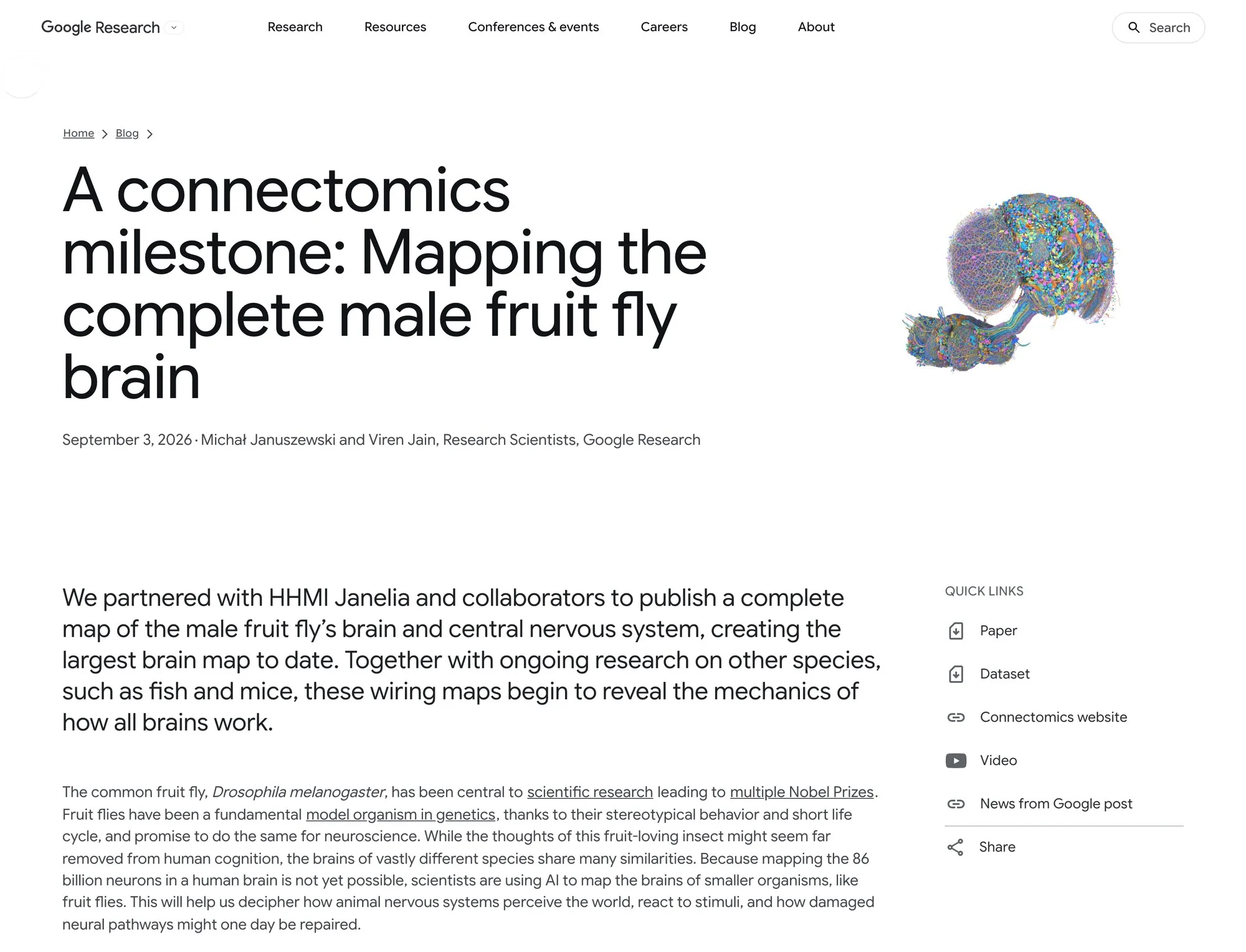 Заголовок «A connectomics milestone: Mapping the complete male fruit fly brain» и изображение нейронов мухи