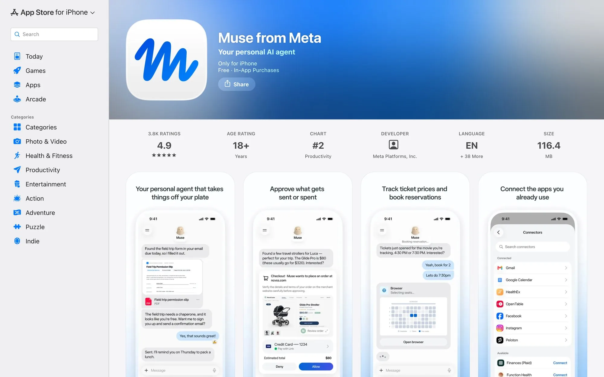 Скриншот страницы Muse from Meta в App Store с рейтингом, местом в чарте и экранами приложения