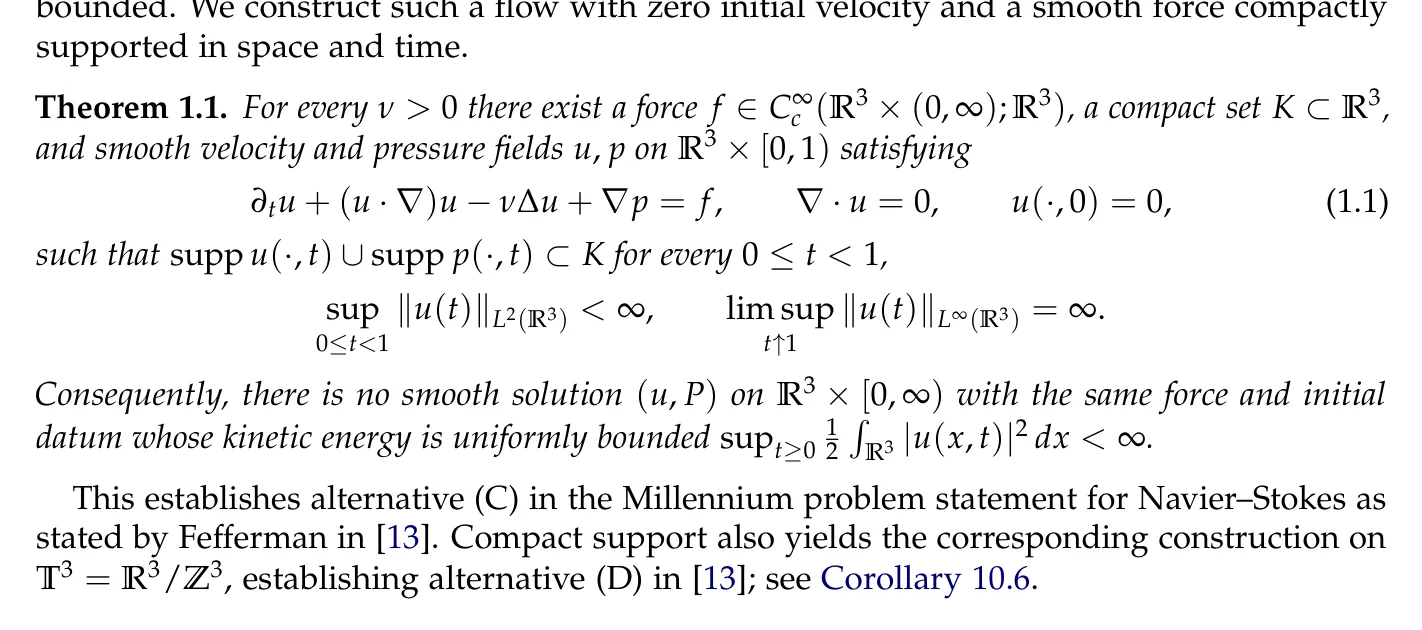 Фрагмент первой страницы статьи Finite time blowup for Navier–Stokes с формулировкой теоремы 1.1