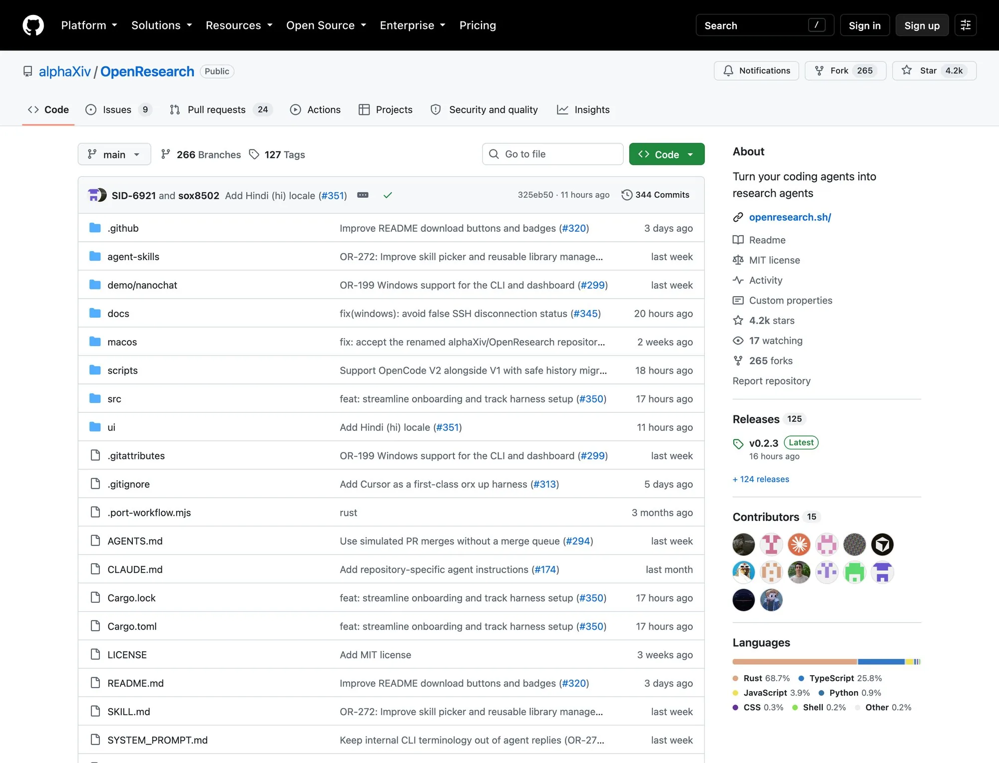 Скриншот репозитория alphaXiv/OpenResearch на GitHub со счётчиками звёзд, форков и списком файлов