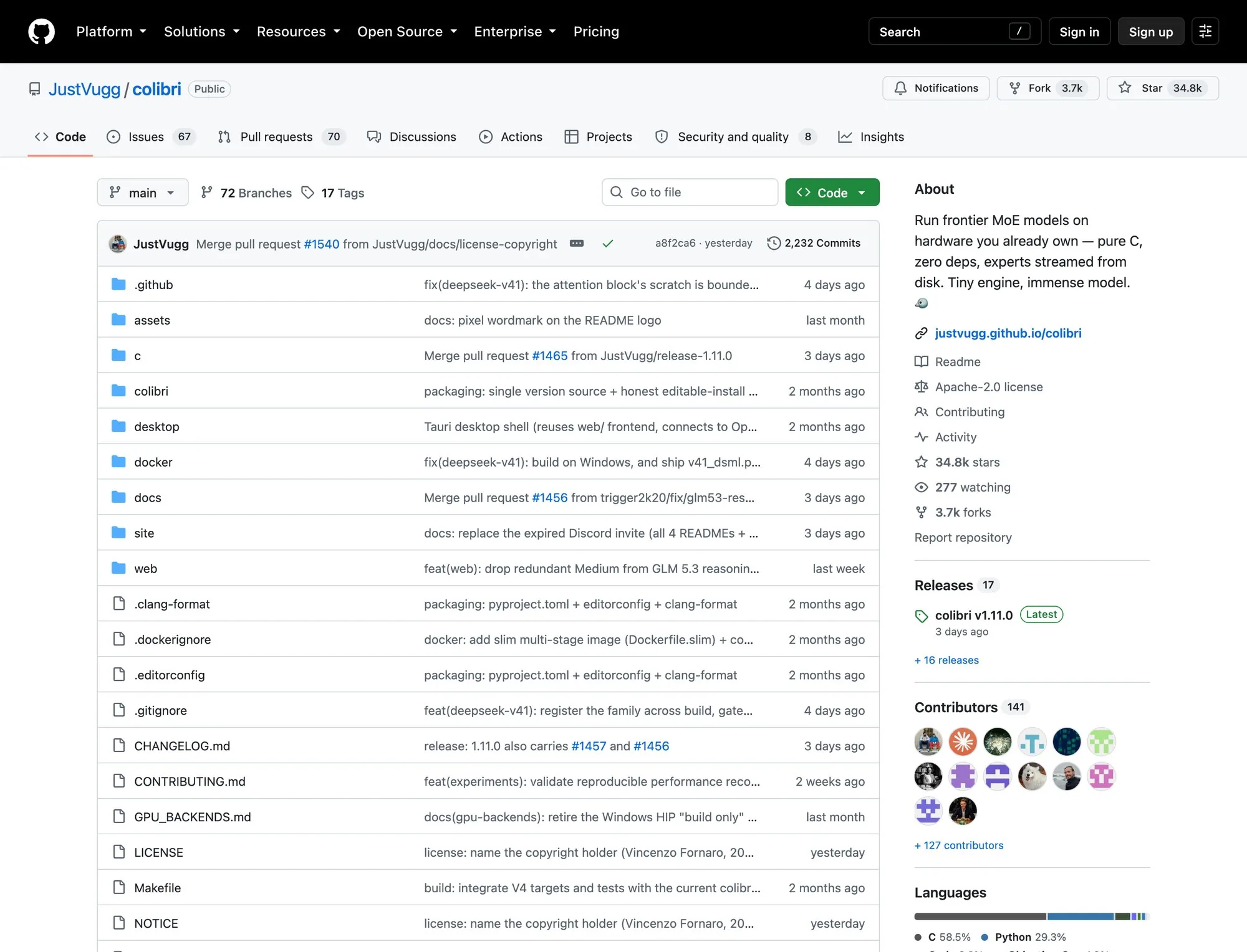 Скриншот страницы репозитория JustVugg/colibri на GitHub со счётчиками звёзд и форков