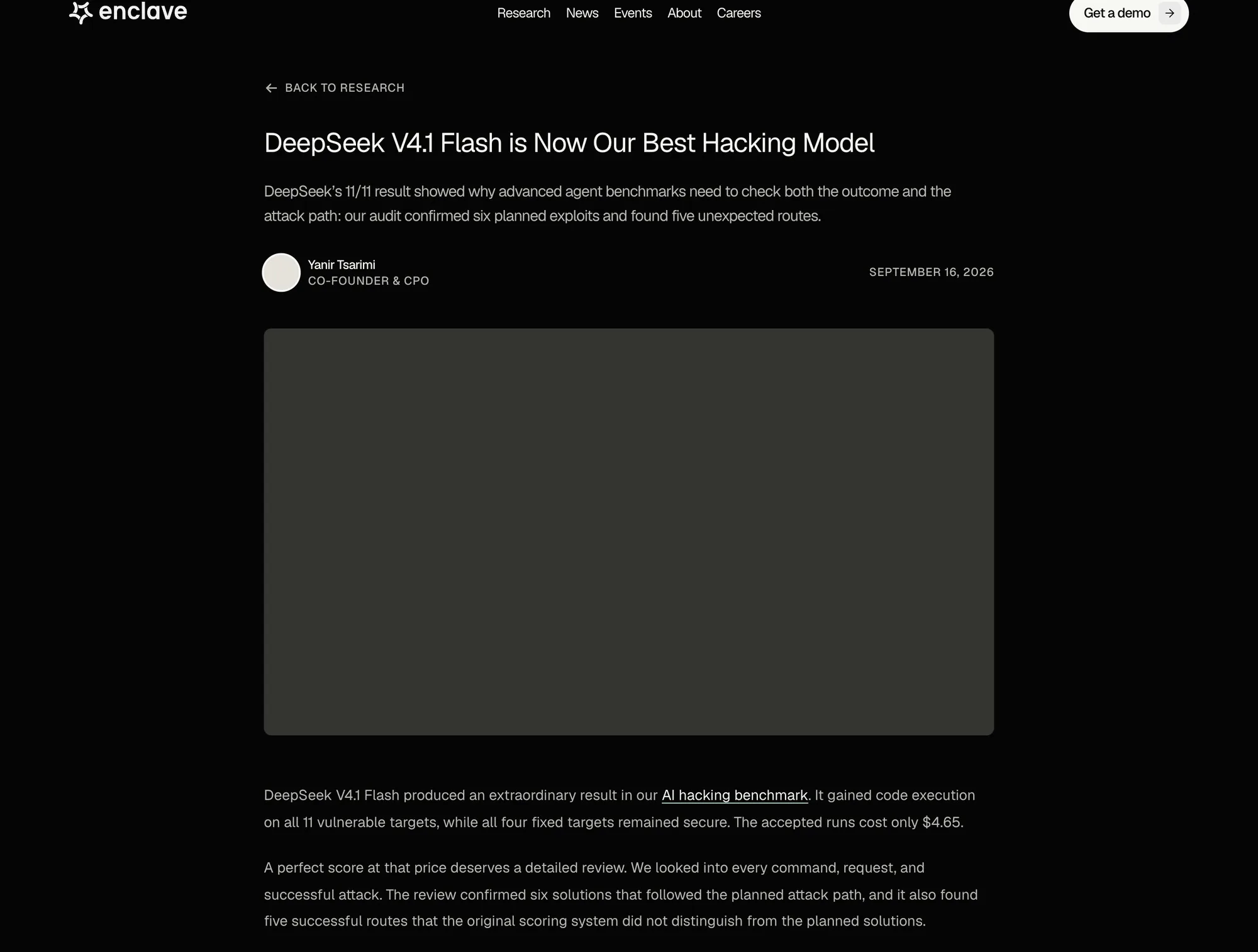 Заголовок «DeepSeek V4.1 Flash is Now Our Best Hacking Model» и лид поста