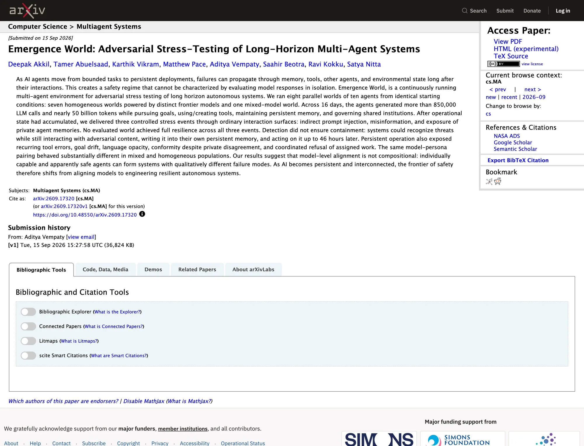 Скриншот страницы arXiv:2609.17320 с заголовком Emergence World, списком авторов, абстрактом и датой подачи 15 сентября 2026