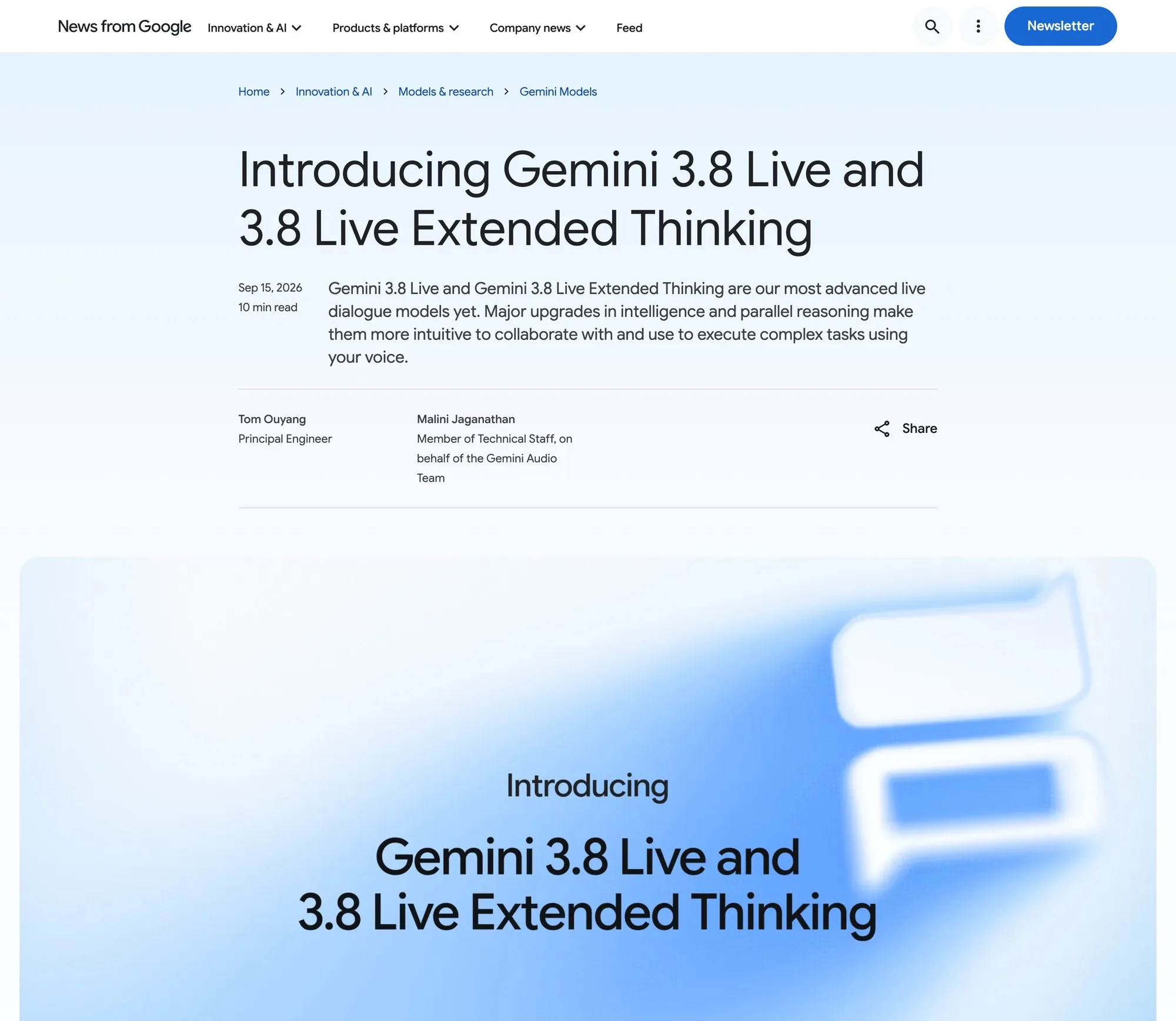 Скриншот шапки блога Google с заголовком Introducing Gemini 3.8 Live and 3.8 Live Extended Thinking