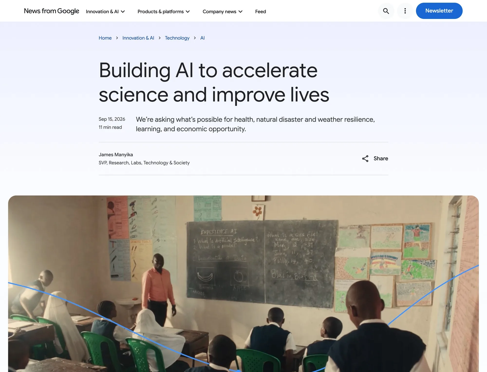 Страница блога Google с заголовком «Building AI to accelerate science and improve lives» и фотографией школьного класса