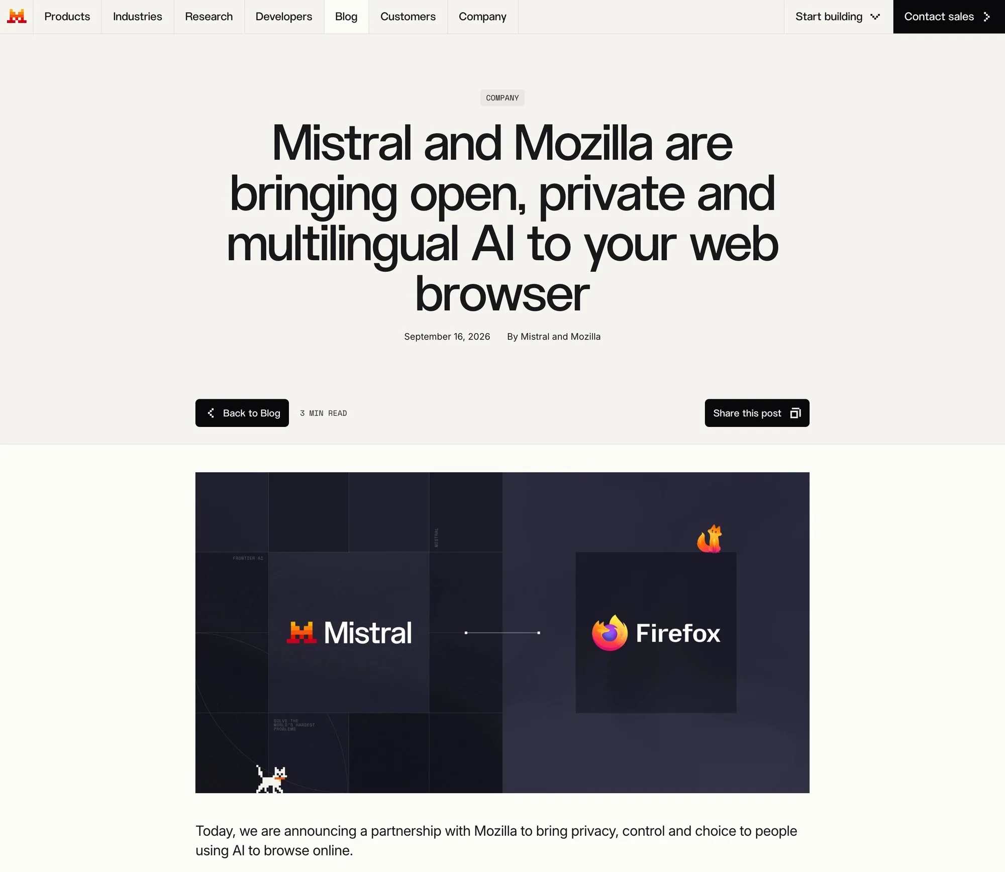 Скриншот блога Mistral с заголовком о партнёрстве с Mozilla и логотипами Mistral и Firefox