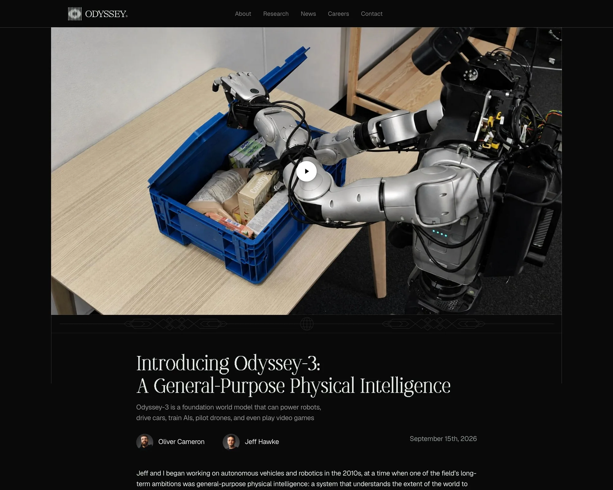 Заголовок «Introducing Odyssey-3: A General-Purpose Physical Intelligence», авторы Oliver Cameron и Jeff Hawke, дата 15 сентября 2026 года, кадр с роботом-гуманоидом