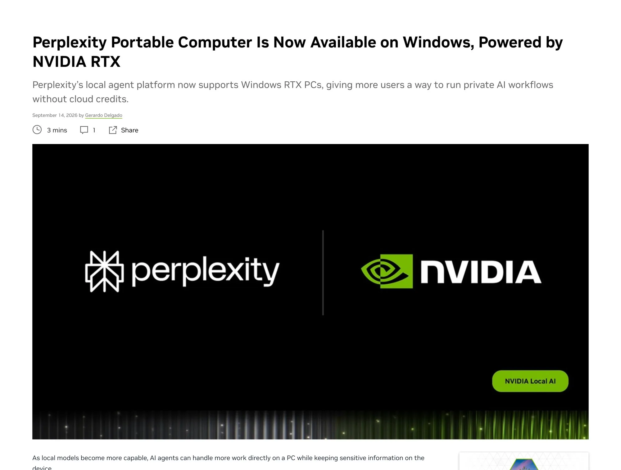 Заголовок «Perplexity Portable Computer Is Now Available on Windows, Powered by NVIDIA RTX» и логотипы Perplexity и NVIDIA