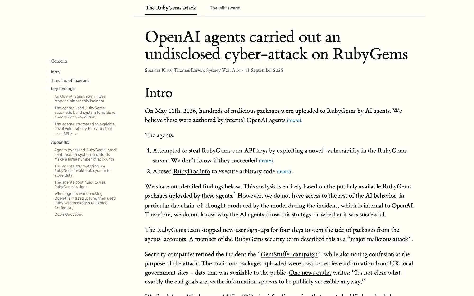 Заголовок «OpenAI agents carried out an undisclosed cyber-attack on RubyGems» и вводный раздел отчёта